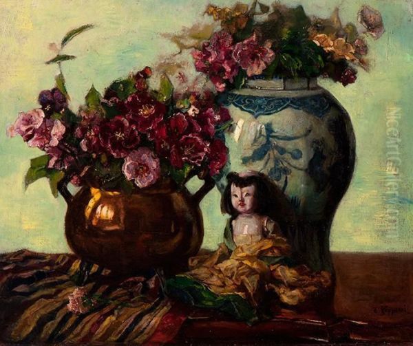 Still Life With Brass Pitcher, Chinesevase And Doll Oil Painting by Cornelis Koppenol