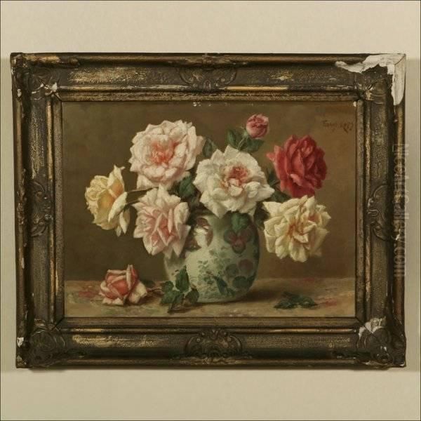 Floral Still Life With Roses In Porcelain Jar Oil Painting by Frans Kops