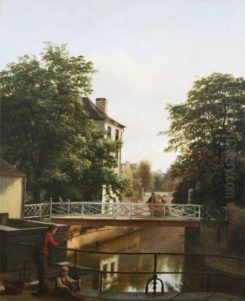 Amsterdam City View With Young Fishermen Near A Bridge Oil Painting by Jean Baptist Kops