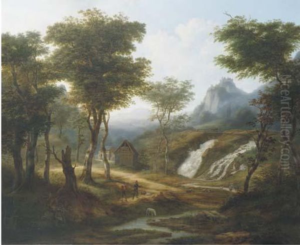 Sportsmen By A Waterfall In An Extensive Mountain Landscape Oil Painting by Jean Baptist Kops