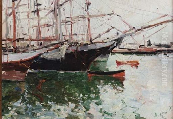 Boats In A Harbour Oil Painting by Viacheslav Korenev-Novorossiiskii