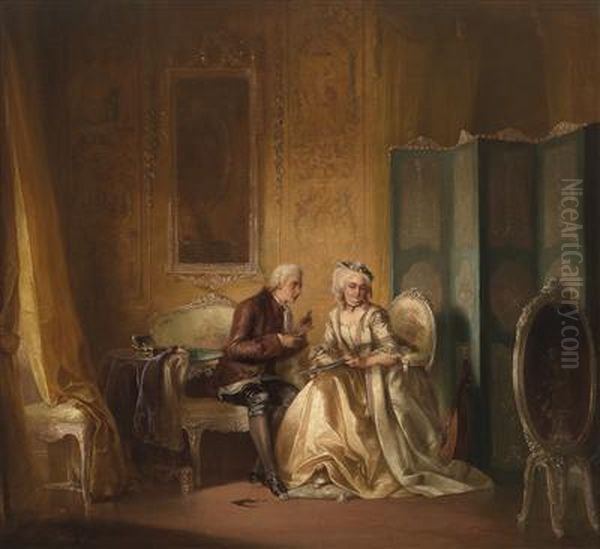 Salon Interior With Young Man Cutting Out The Silhouette Of A Lady Oil Painting by Pancraz Korle