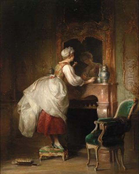 Interno Stile Rococco Con Giovanedonna Davanti Allo Specchio Oil Painting by Pancraz Korle