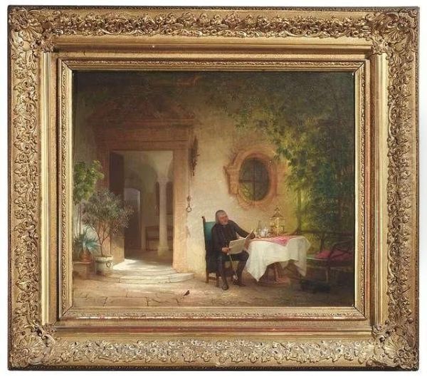 Scenery At The Entrance Door. A Gentleman Has Made Himself Comfortable At A Table Oil Painting by Pancraz Korle