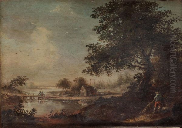 Landscape With Fisherman And A Figure With Adog Oil Painting by Johan Philip Korn