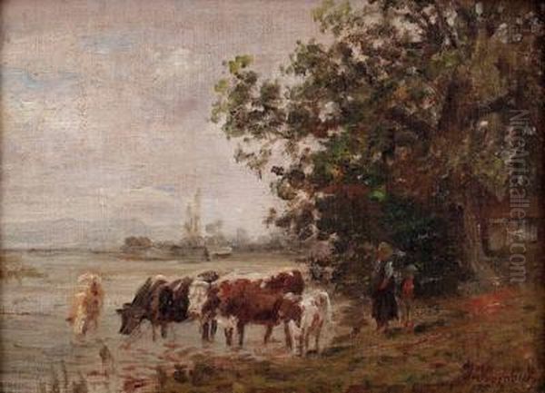 Kuhe Bei Der Tranke Am See Oil Painting by Julius Kornbeck