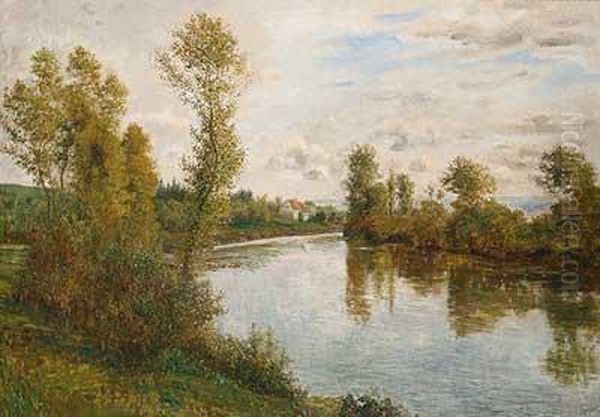 Sommerlicher Flusslauf Mit Gehoft Oil Painting by Julius Kornbeck