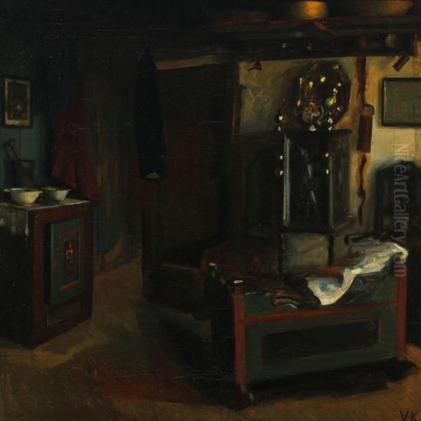 Interior With Cradle Oil Painting by Valdemar Kornerup