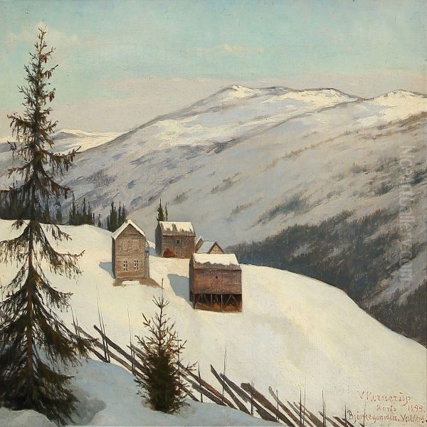 Winter Day At Bjornegaarden Farm In Tonsaasen, Norway Oil Painting by Valdemar Kornerup