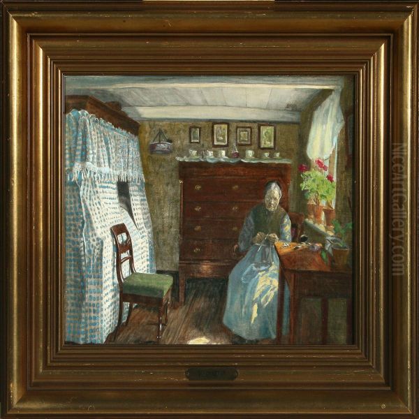 Interior With An Old Woman Oil Painting by Valdemar Kornerup