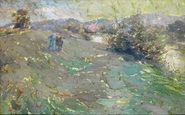 Femme Et Vache En Bord De Riviere Oil Painting by Michel Korochansky