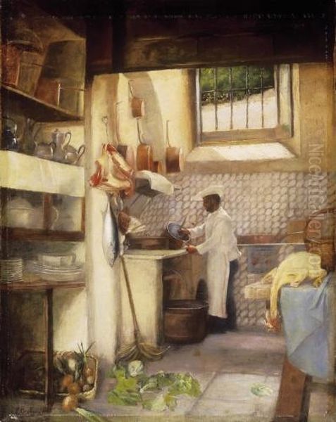 Kitchen Interior Oil Painting by Otto Koroknyai