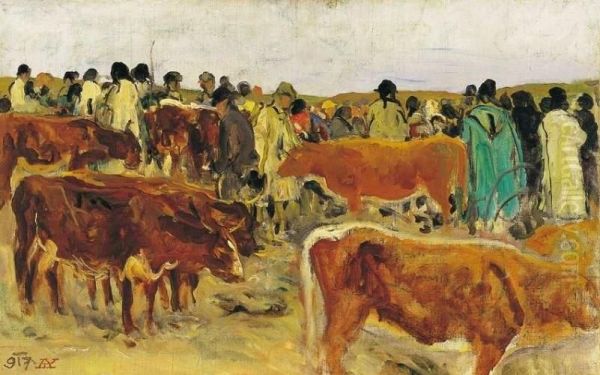 Market Oil Painting by Aladar Korosfoi Kriesch