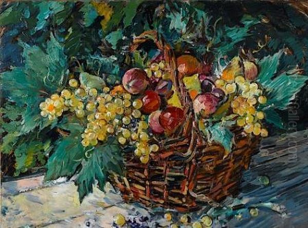 Basket With Fruit Oil Painting by Aleksej K. Korovin