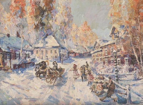 Village Sous La Neige Oil Painting by Konstantin Alexeievitch Korovin