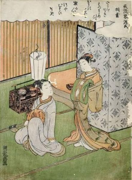 Deux Courtisanes Dans Une Maison De The Oil Painting by Isoda Koryusai