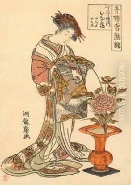 Courtisane Regardant Un Vase Fleuri D'une Pivoine. Oil Painting by Isoda Koryusai