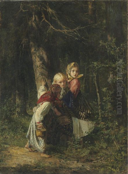 Peasant Girls In The Forest Oil Painting by Alexei Ivanovich Korzukhin