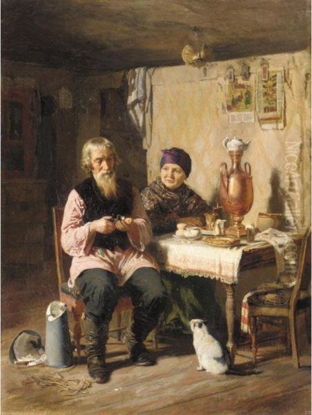 Tea Time Oil Painting by Alexei Ivanovich Korzukhin