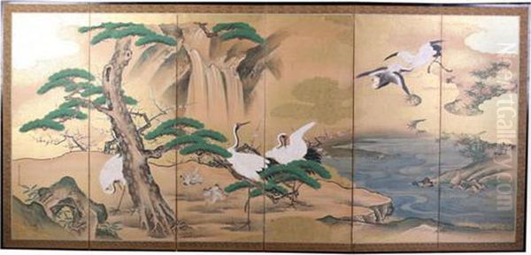 Cranes With Pine Trees, Waterfall, Bamboo And Plum Blossom Decoration. Oil Painting by Hoin Kosen Tsunenobu