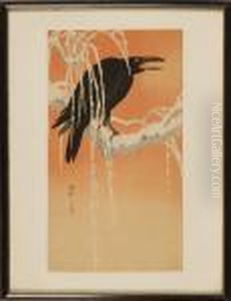 Depicting A Crow Perched On A Snow-covered Willow Tree Branch With Sunset Sky Oil Painting by Ohara Koson