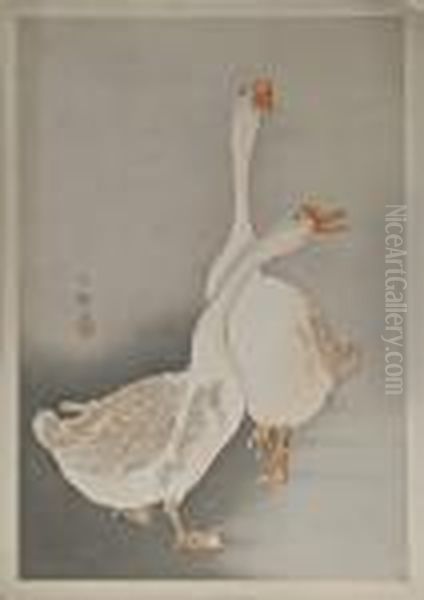 Two White Geese Oil Painting by Ohara Koson