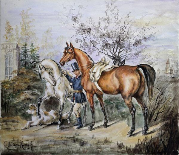 Cavalier Et Deux Chevaux Oil Painting by Juliusz Kossak