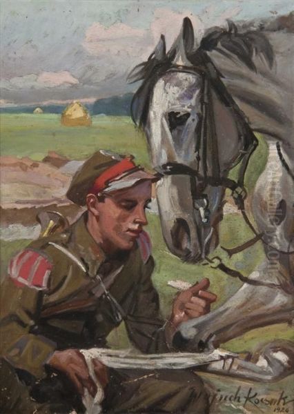 Wrapping His Horse Oil Painting by Wojciech Adalbert Kossak