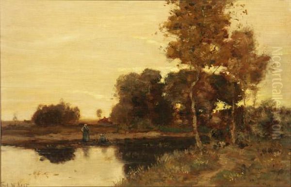 River Landscape With Figures Oil Painting by Frederick William Kost