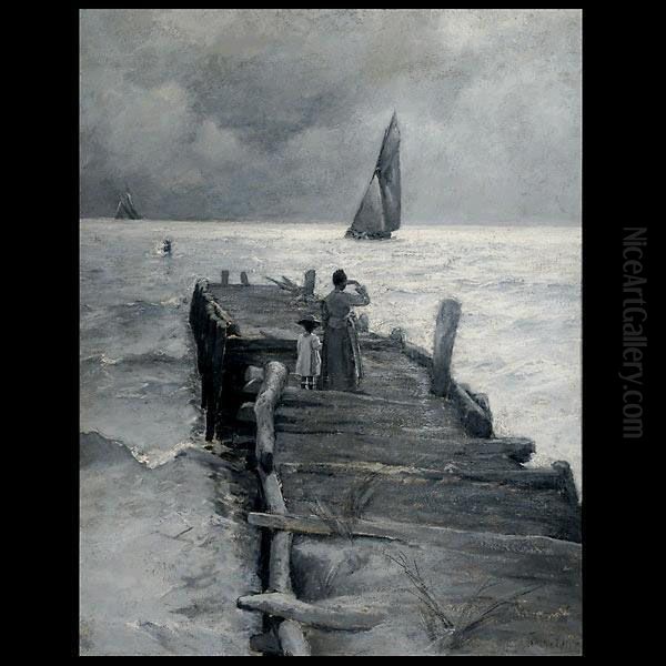 Waiting On The Dock Oil Painting by Frederick William Kost