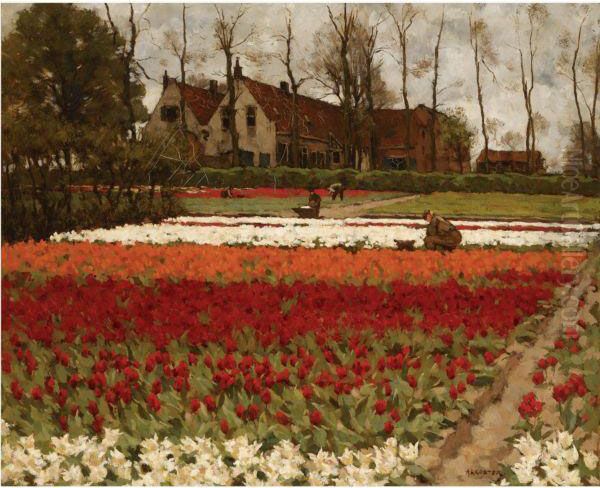 Peasants At Work In A Bulb Field Oil Painting by Anton Lodewijk Koster