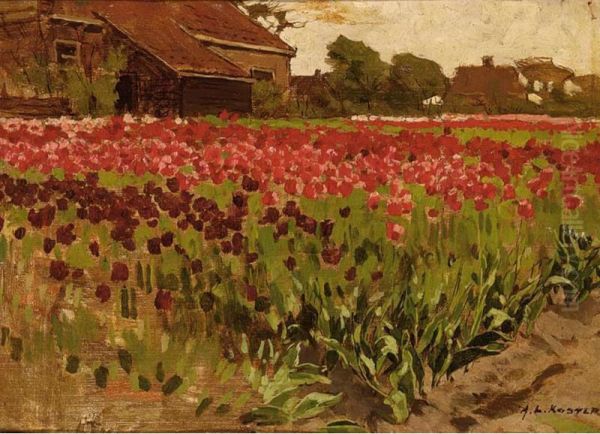 Paarsche En Roode Darwin Tulpen Oil Painting by Anton Lodewijk Koster