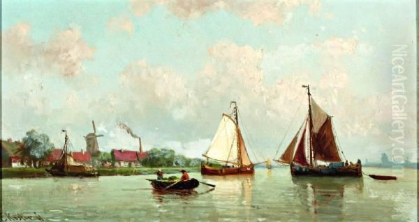 Rivierlandschap Met Boten Op Kalm Water Oil Painting by Everhardus Koster