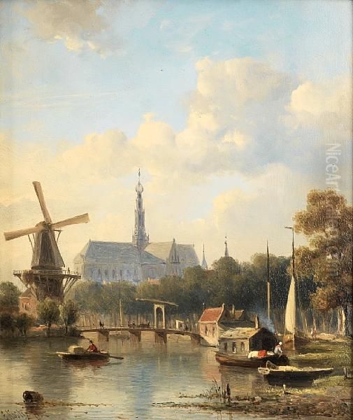 A View Of Haarlem With St Bavo Cathedral From The River Oil Painting by Everhardus Koster