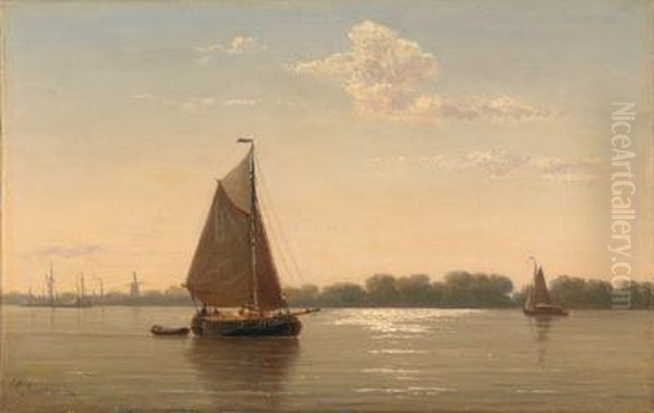 River Landscape With Sailing Boats In The Evening Light Oil Painting by Everhardus Koster