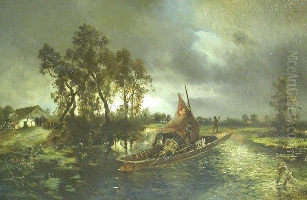 Hollandische Abendlandschaft Mit Ausfahrenden Kahnfischern Oil Painting by Paul Koster