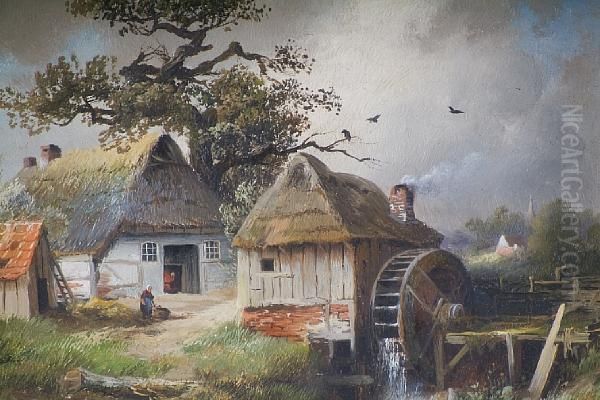 Thatched Cottages And A Watermill Oil Painting by Paul Koster