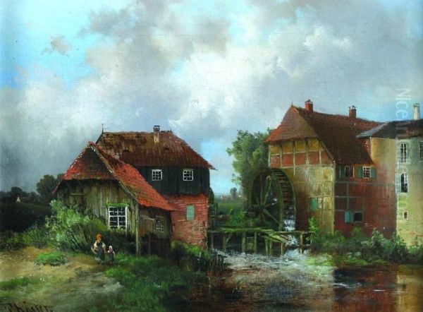 Riviertje Metboerderij En Watermolen, Links Enkele Spelende Kinderen Oil Painting by Paul Koster