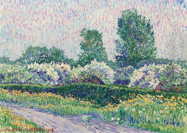 Vruchtboompjes: A Blossoming Orchard Oil Painting by Jo Koster Van Hattum