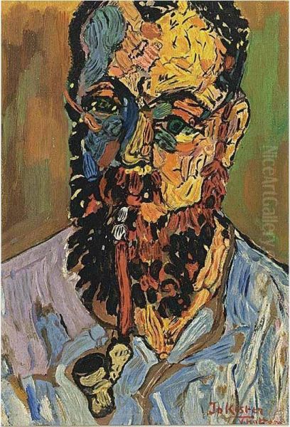 Portrait Of A Bearded Man Smoking A Pipe Oil Painting by Jo Koster Van Hattum