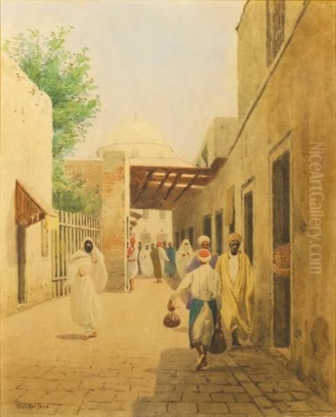 Rue Animee A Tunis Oil Painting by Jeno, Eugene Koszkol