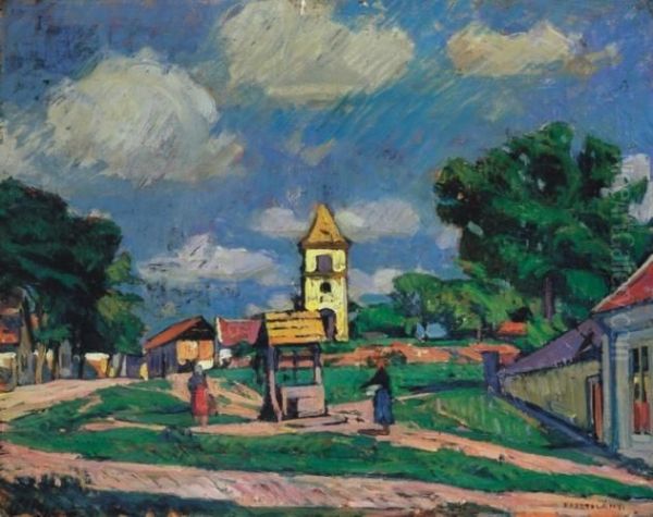 Small Town Oil Painting by Gyula Kosztolanyi Kann