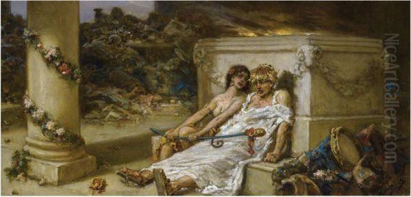 Cupid And Bacchante Oil Painting by Vasili Aleksandrovich Kotarbinskii