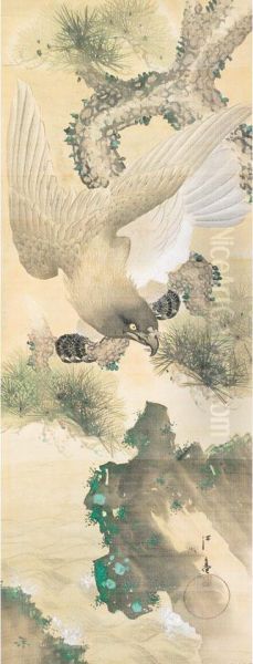 Hawk And Pine Oil Painting by Fukui Kotei