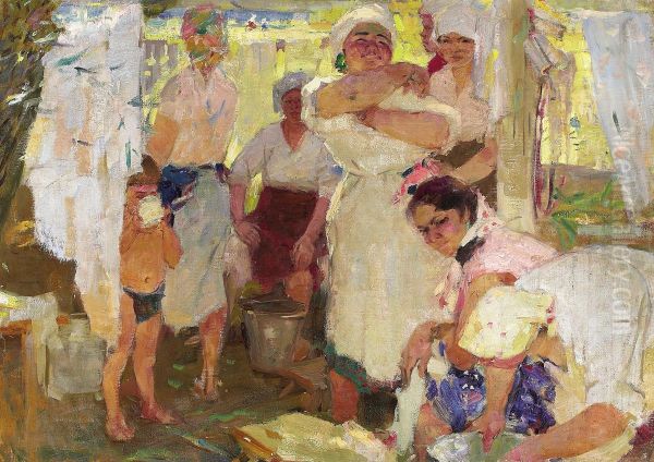 Washing Day Oil Painting by Petr Ivanovich Kotov