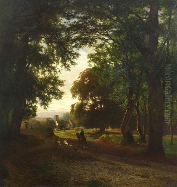 Baumreiche Landschaft Mit Reiter, In Der Ferne Ein Dorf Oil Painting by Theodor Kotsch