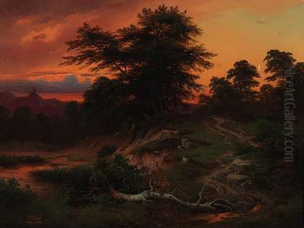 Nocturnal View Of A Wooded Landscape Oil Painting by Theodor Kotsch