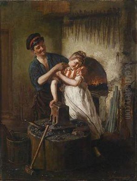 Flirtationat The Smithy Oil Painting by G. Hugo Kotschenreiter