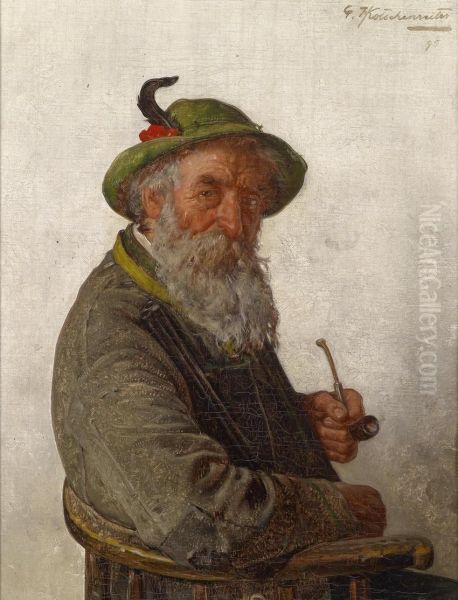 Portrait Of A Bearded Farmer With Pipe Oil Painting by G. Hugo Kotschenreiter