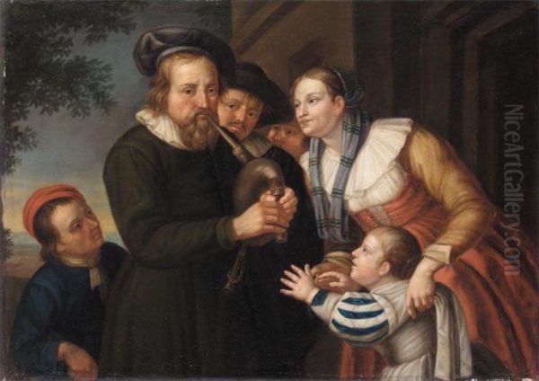 A Man Playing The Pipes Together With A Family Before A Cottage Oil Painting by Dominik Kottula